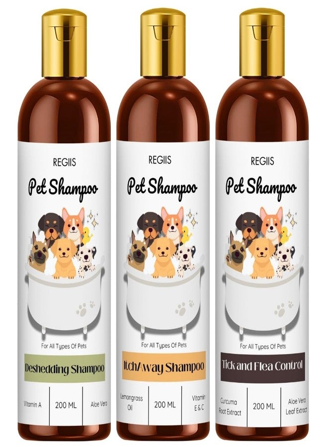 مجموعة شامبو ريجيس للحيوانات الأليفة، 200 مل لكل عبوة - تركيبة لإزالة الشعر الزائد، ومكافحة الحكة، ومكافحة القراد والبراغيث، لجميع أنواع الحيوانات الأليفة - Image 1